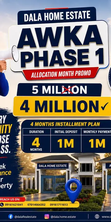Dala Home Estate Awka Phase 1 allocation month promo flyer
